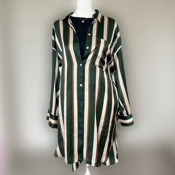 Vera Mode Long Sleeve Green Striped Satin Effect Mid Length Blouse - Picture 1 of 8
